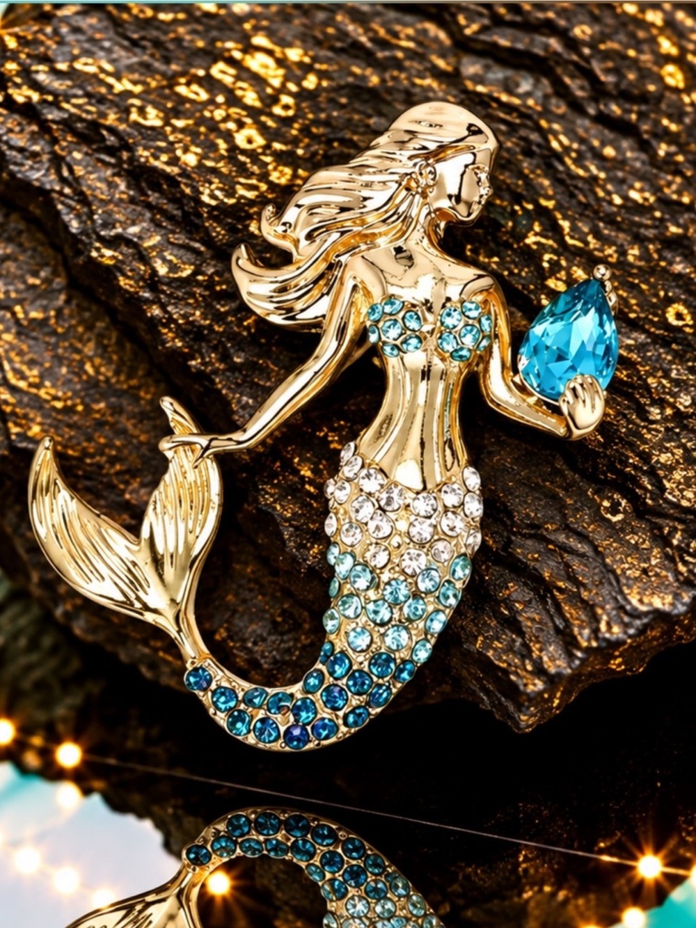 Mermaid Brooch Pin Blue Crystal Rhinestone Gold Tone Ocean Statement Jewelry